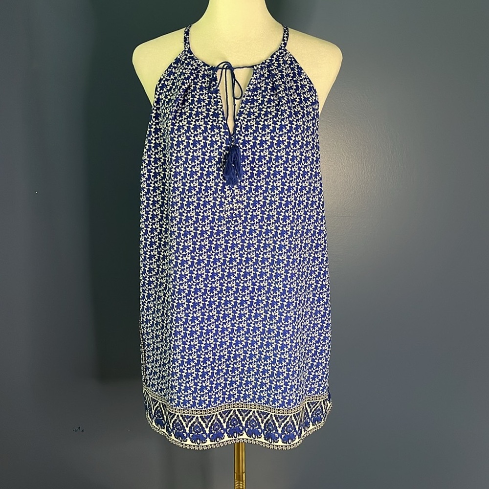 Fleur Bleue sz L, blue, white, black halter mini dress, or tunic w border print